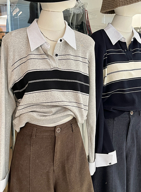 假两件针织衫女秋季长袖条纹衬衫翻领学院风气质通勤高知穿搭上衣