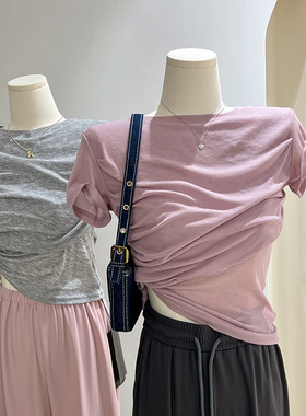 清仓 纯欲温柔风粉色t恤女夏 设计感褶皱不规则短款修身短袖上衣