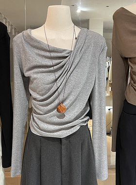 荡领上衣女2024年秋法式气质纯欲风修身 不规则打底衫一字斜肩t恤