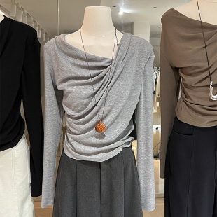 一字斜肩t恤 不规则打底衫 荡领上衣女2024年秋法式 气质纯欲风修身