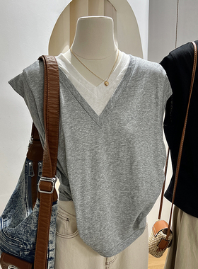 特价灰色飞飞袖t恤女夏设计感时尚洋气宽松休闲无袖v领假两件上衣