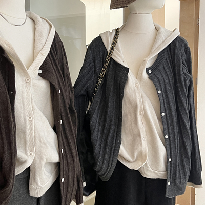 连帽假两件针织外套羊毛混纺宽松