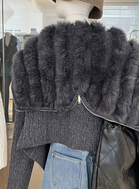 兔毛连帽针织衫外套女短款宽松超好看高级感拉链灰色毛衣开衫上衣