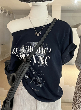 一字领T恤女夏两穿斜肩露肩锁骨 设计感美式复古印花宽松短袖上衣