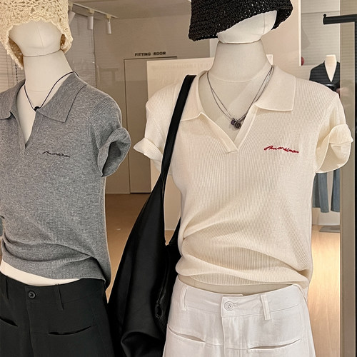 刺绣Polo领短袖高级感羊毛针织衫