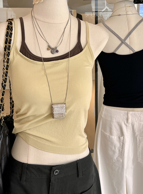 假两件吊带背心女带胸垫撞色交叉美背修身显瘦弹力运动百搭上衣夏