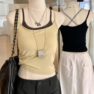 假两件吊带背心女带胸垫撞色交叉美背修身 显瘦弹力运动百搭上衣夏
