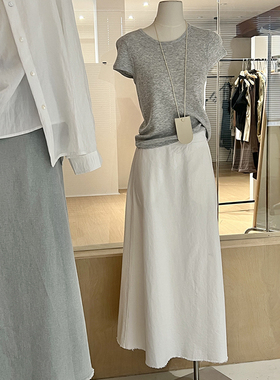 白色半身裙女a字简约气质法式老钱风 高腰长裙显瘦松紧腰毛边裙子