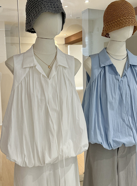 蓝色花苞上衣女夏下摆蓬蓬背心宽松别致韩系甜美减龄翻领无袖衬衫