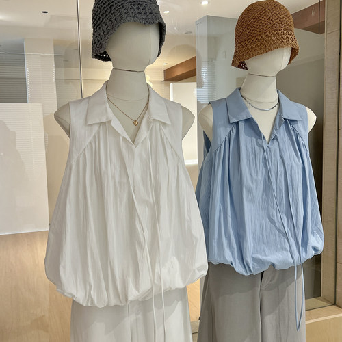 花苞下摆蓬蓬感无袖上衣甜美翻领