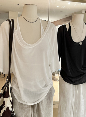 叠穿上衣两件套女夏薄款休闲慵懒松弛感韩系时尚吊带背心+短袖t恤