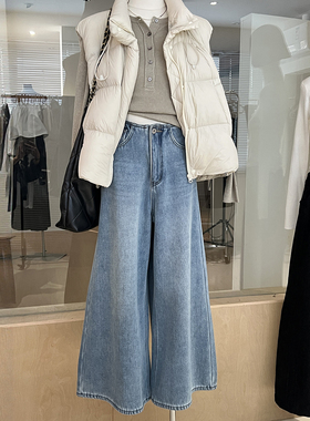 浅蓝色牛仔裤女冬加绒加厚简约设计感直筒休闲长裤宽松垂感阔腿裤