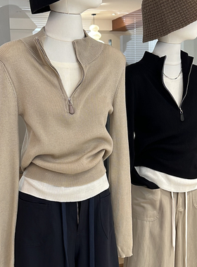 假两件半高领针织衫女秋正肩修身长袖设计感拼接时尚毛衣打底上衣