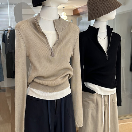 假两件半高领针织衫女秋正肩修身长袖设计感拼接时尚毛衣打底上衣