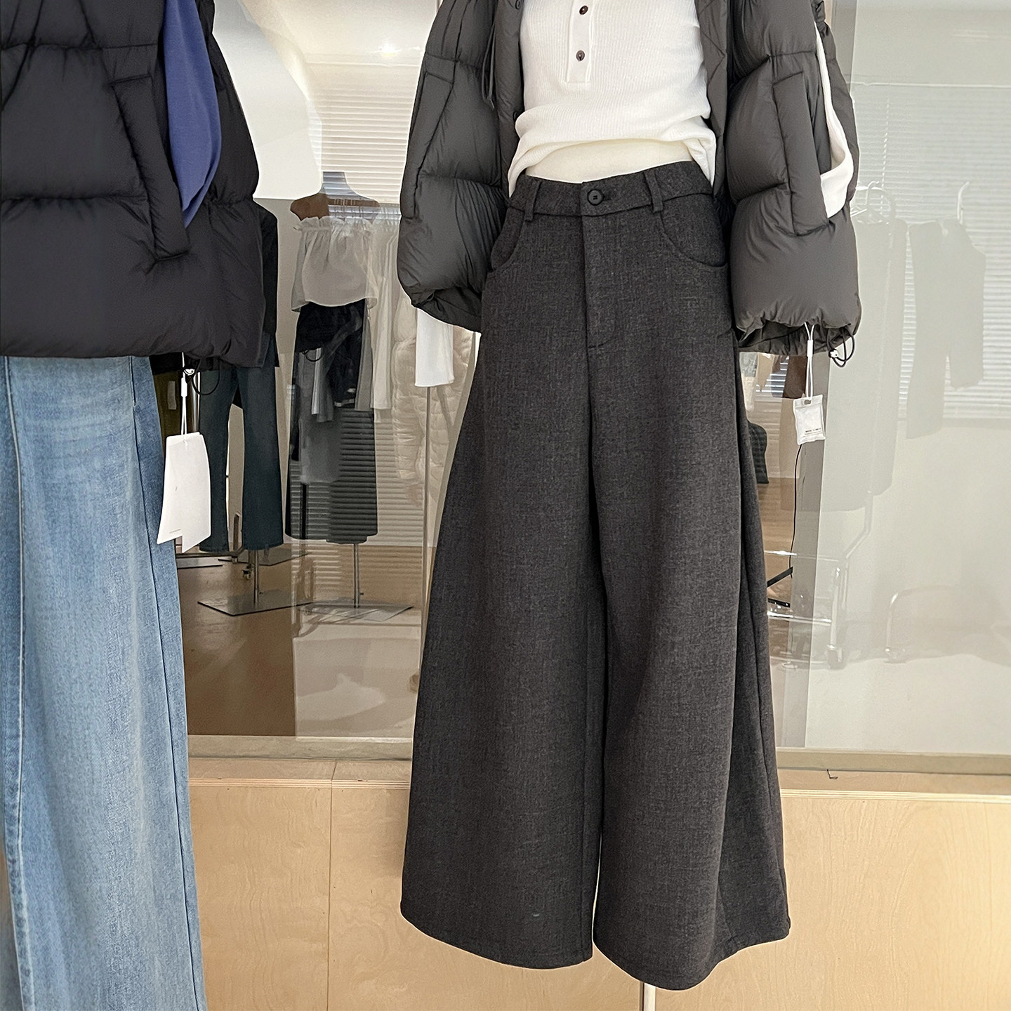 侧打褶有调性西装阔腿裤加绒加厚