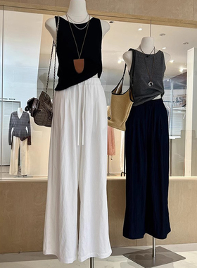 白色阔腿裤女2025新款垂感松紧腰慵懒松弛感裤子宽松直筒休闲长裤