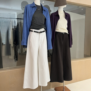 休闲长裤 型好看 女秋弯刀斜切剪裁高腰宽松直筒纯棉版 白色阔腿裤