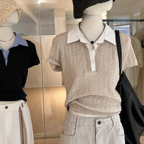 老钱风短袖假两件POLO领针织衫