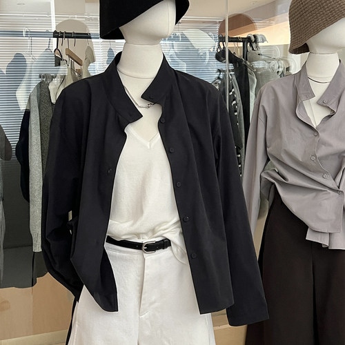 立领衬衫外套系带收腰可斜扣纯棉