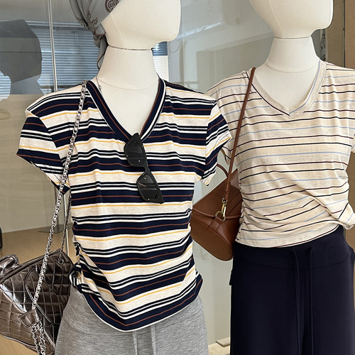 福利款日常休闲掐腰收腰条纹t恤