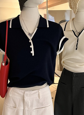 淡人高知穿搭针织衫女夏短袖Polo领撞色修身显瘦百搭简约气质上衣
