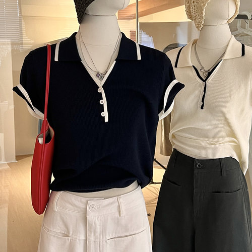 撞色短袖Polo领针织衫气质高级感