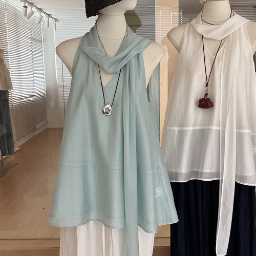 法式两穿飘带无袖衬衫v领高级感