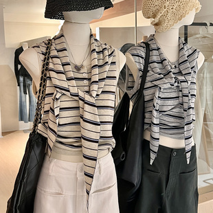 披肩两件套条纹针织背心女夏撞色修身 百搭设计感韩系上衣 显瘦无袖
