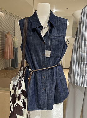 深蓝色牛仔背心女夏宽松休闲老钱风复古翻领法式上衣系带无袖衬衫
