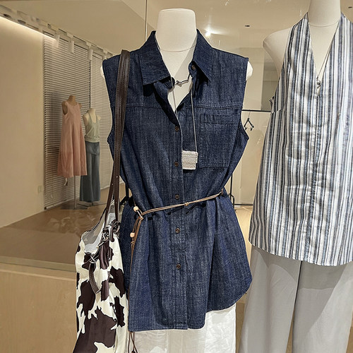 配绳带深蓝色牛仔无袖背心高级感