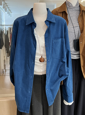 蓝色灯芯绒衬衫女2024秋字母刺绣设计感小众宽松休闲韩版外套上衣