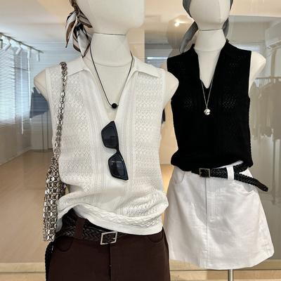 法式钩花镂空重工针织背心老钱风