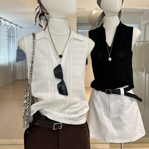 法式钩花镂空重工针织背心老钱风