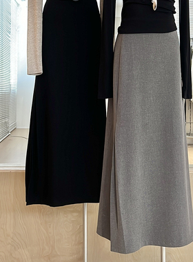 灰色西装半身裙女秋高级感格雷系 垂感高腰显瘦侧开叉A字长款裙子