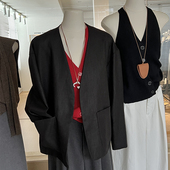 黑色西装 外套女小个子设计感小众系带无领宽松高级感休闲麻料上衣