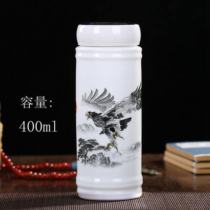 定制景德镇陶瓷杯保温杯男女士双层水杯茶杯带盖青花瓷杯陶瓷内胆