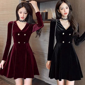 金丝绒高级连衣裙女2025秋冬新款 V领A字裙 轻熟风气质显瘦收腰时尚