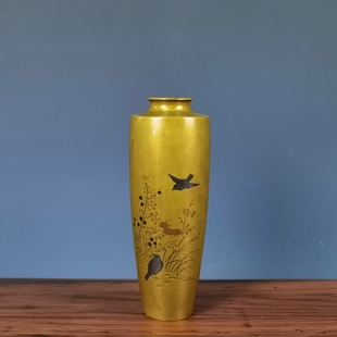 日本回流老物件错银喜鹊纹铜花瓶复古客厅中式日式插花摆件收藏