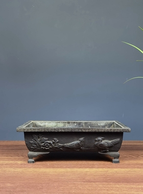 日本回流古铜制牡丹喜鹊纹水仙盘池坊花道花器桌面摆件插花禅意