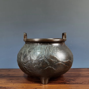 日本如雲三足鼎山水人物彫刻香炉火鉢置物细密古銅製茶道古美術收