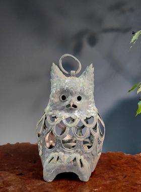 中古猫头鹰雪见灯笼烛台古典摆件