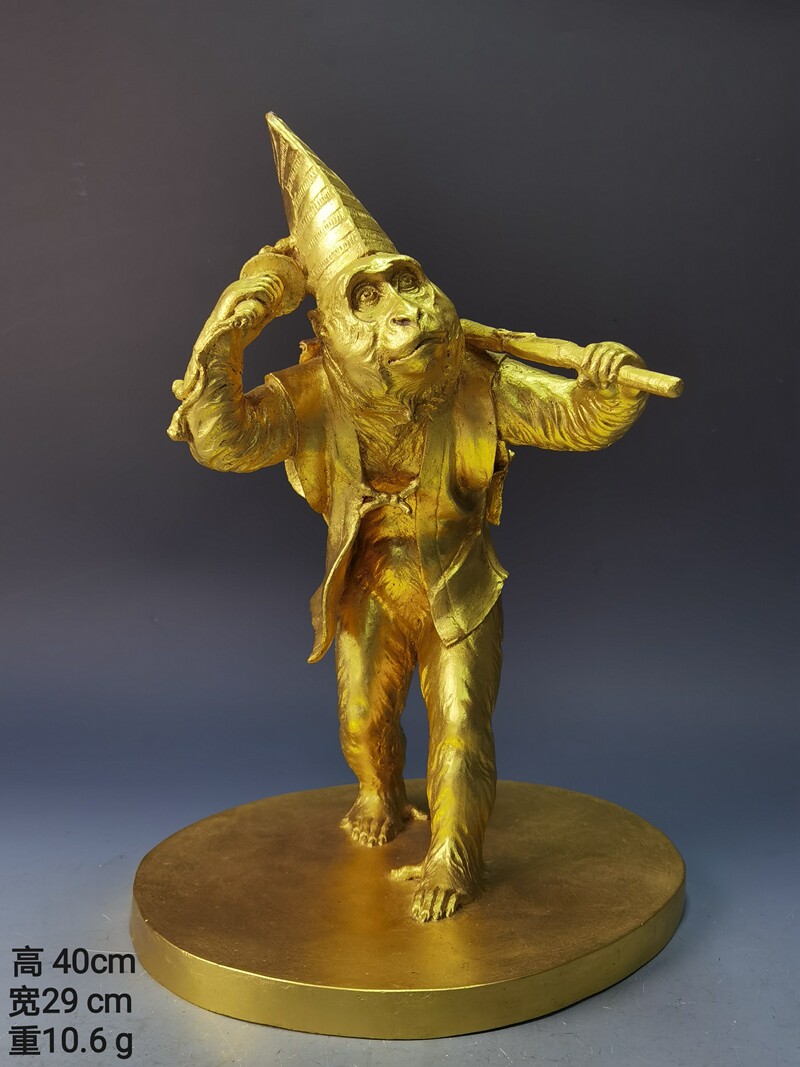 日本高岗铜器高村光云作十二生肖镀金三番叟摆件复古桌面摆件收藏