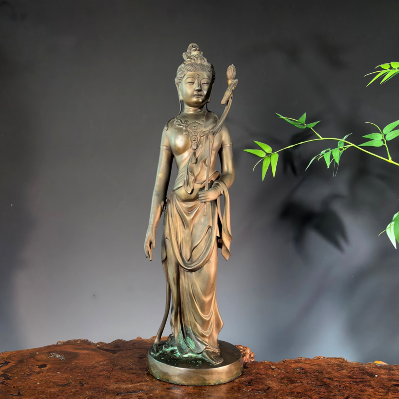 日本名家高村光云作观世音菩萨立像大佛像摆件收藏品古朴博古置物
