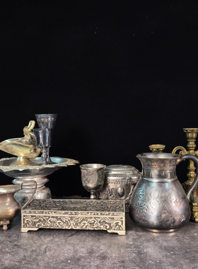 vintage欧洲中古镀银果盘杯子复古个性摆件INS北欧民宿装饰包邮