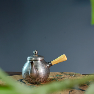 日本三实堂纯手工侧把老银煮茶泡茶壶手工银壶茶室轻奢茶具
