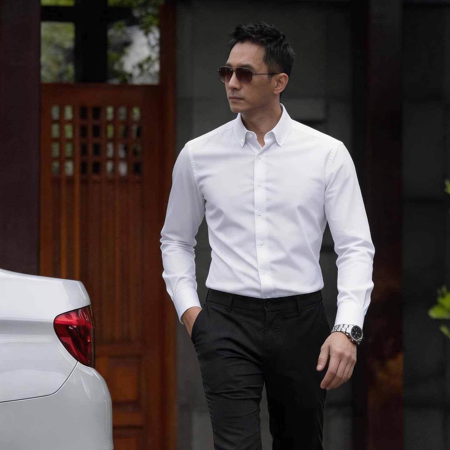 Seno韩版收腰修身长袖衬衫男商务扣领免烫抗皱秋冬青年修身衬衣男