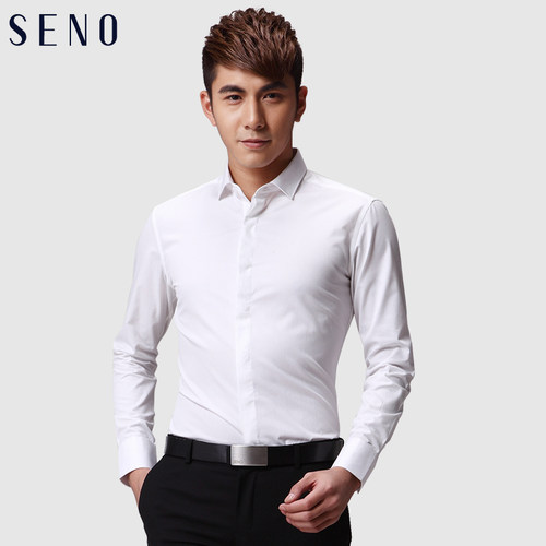 seno白色商务长袖衬衫暗门襟小领