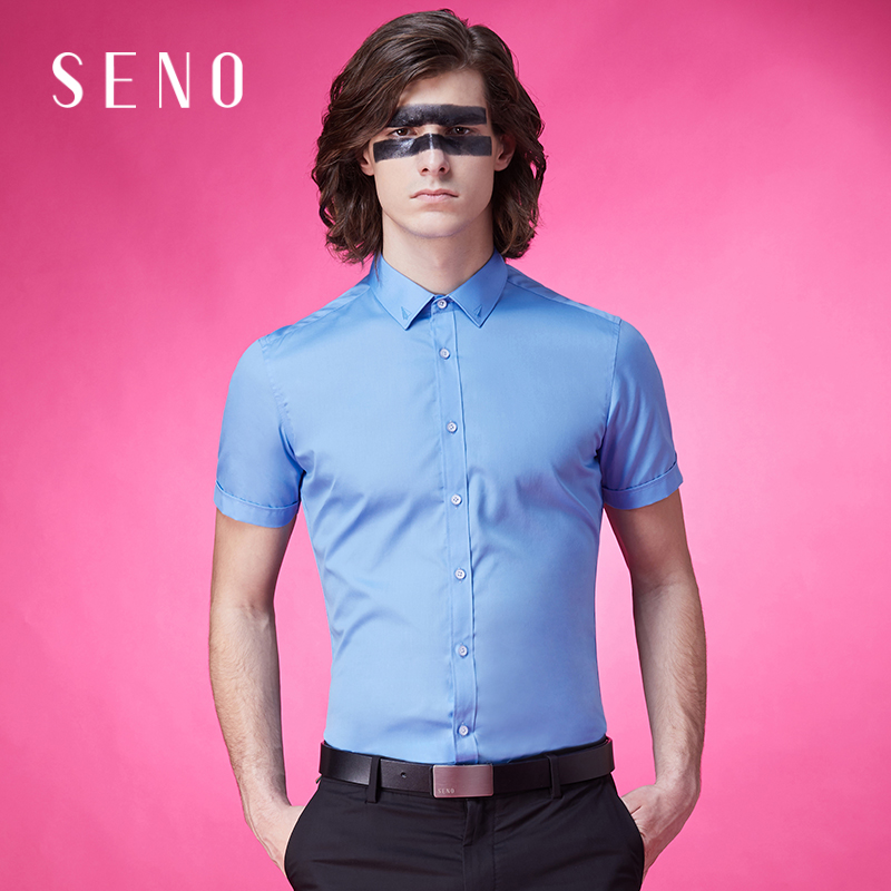 seno浅蓝色衬衫男短袖刺绣小领修身商务休闲免烫韩版正装男士衬衣
