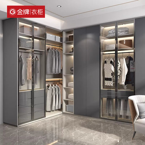 金牌衣柜简约全屋定制走入式衣柜卧室家用整体衣帽间柜子组合定制