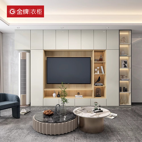 金牌全屋定制客厅电视柜简约现代收纳储物电视机背景墙柜一体定做